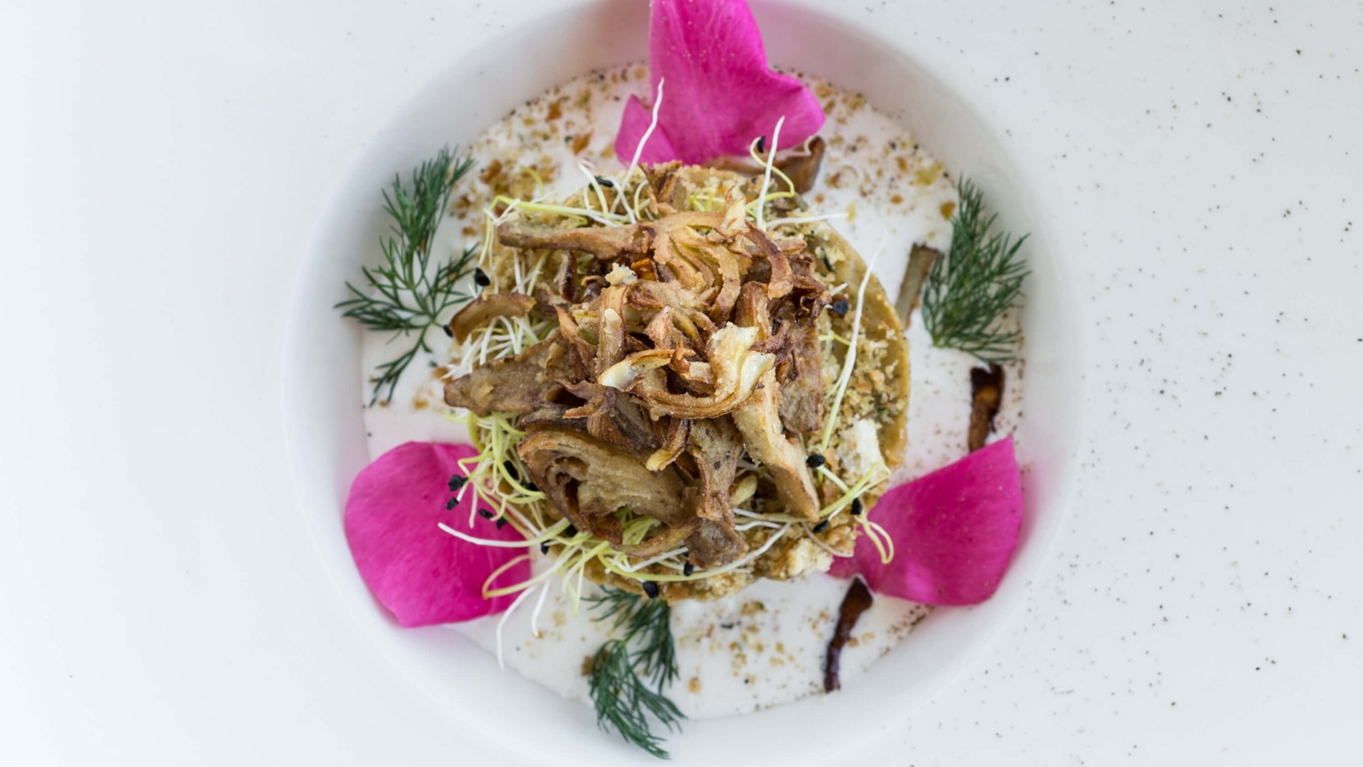 A holiday near Assisi: activities galore gourmet dish with mushrooms, sprouts, and rose petals on white cream