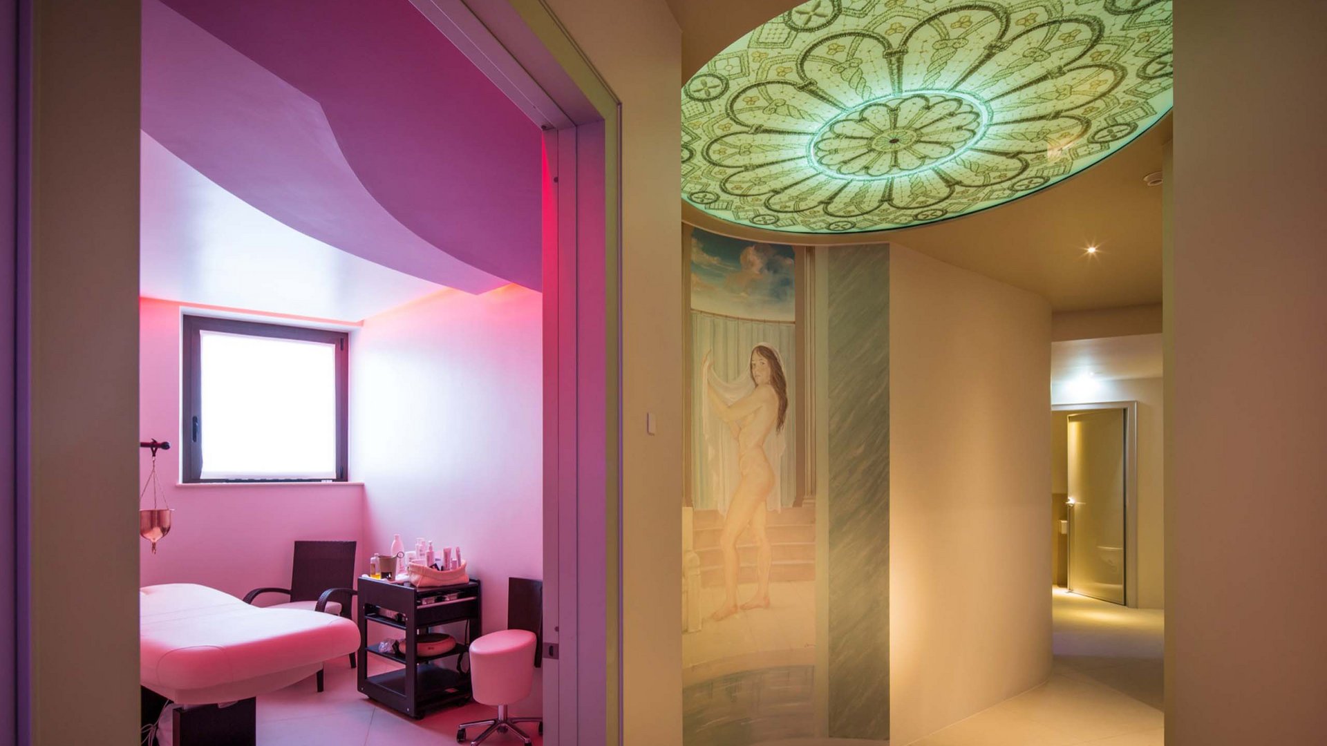 A holiday near Assisi: activities galore Interior of a spa with massage room and artistic ceiling and wall decorations